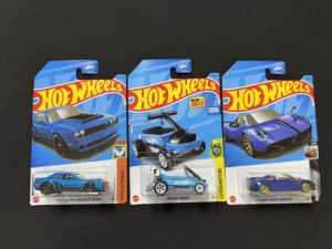 Hot Wheels Carded Vehicles Lot – Dodge Challenger SRT Demon, Draggin' Wagon, Pagani Huayra Roadster