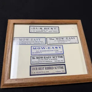Framed Mow-Easy Scythe Advertising Labels Display