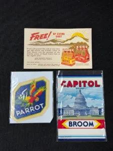 Vintage Ephemera Lot – Nehi Coupon, Parrot Label, Capitol Broom