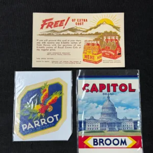 Vintage Ephemera Lot – Nehi Coupon, Parrot Label, Capitol Broom