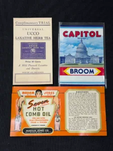 Vintage Advertising Ephemera Lot – Ucco Tea, Capitol Broom, Madam Jones Hot Comb Oil