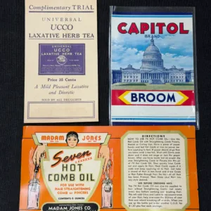 Vintage Advertising Ephemera Lot – Ucco Tea, Capitol Broom, Madam Jones Hot Comb Oil